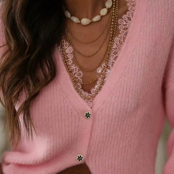 Pink Casual Women's V Neck Cardigan with Lace Trim - Picture 5 of 8